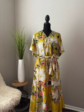 Floral Wrap Midi Dress in Yellow w/ Belt & Pockets